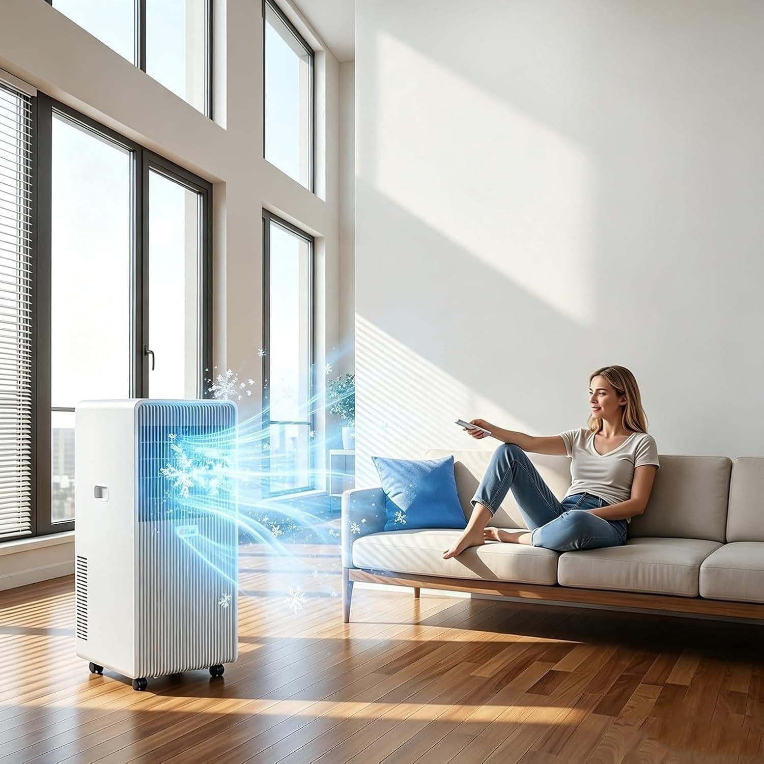 Aire Acondicionado Portátil 12000BTU Unidad Móvil con Mando a Distancia y Temporizador 24H, Kit de Ventana, 2 Velocidades, Oscilación 120°, Enfría hasta 30m², s, Cold, 14000BTU
