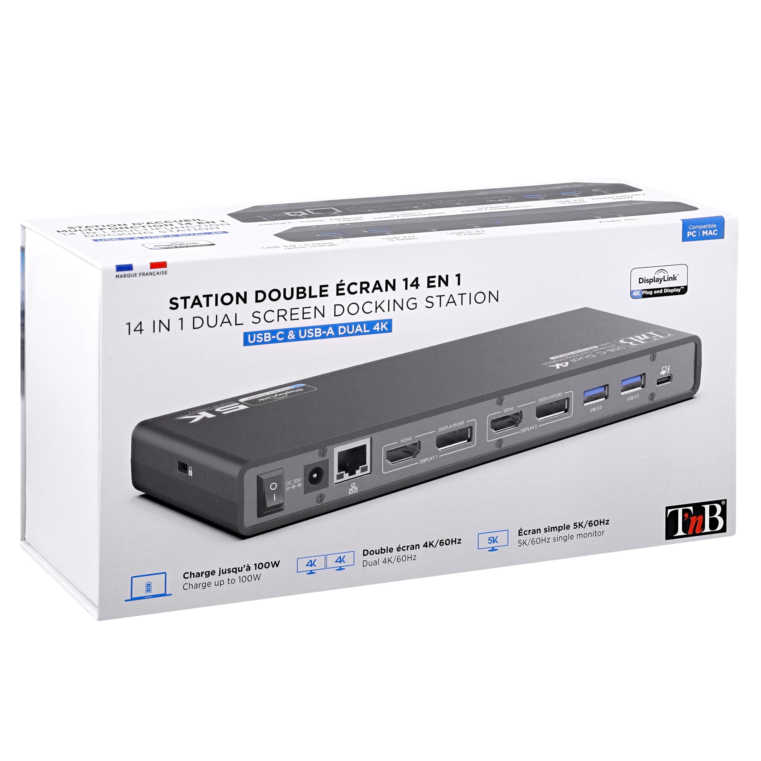 T'nB - Station d’Accueil Double Ecran 4K60Hz, 14 en 1, HDMI et DisplayPort, 4X USB-A 3.0, 2X USB-C 3.0, Compatible Windows, macOS, Linux, Android, Chrome OS