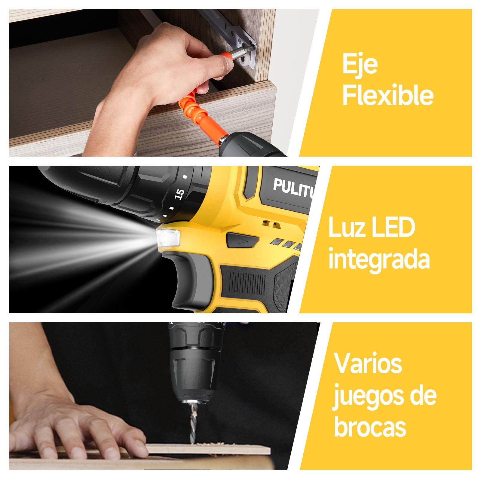 PULITUO Taladro Atornillador Batería 12V, Destornillador Eléctrico 35 N·m, 21+1+1 Niveles De Par, Batería De 1300 mAh, LED, Regulación De 2 Velocidades, Para Bricolaje Y Proyectos DIY (Amarillo)