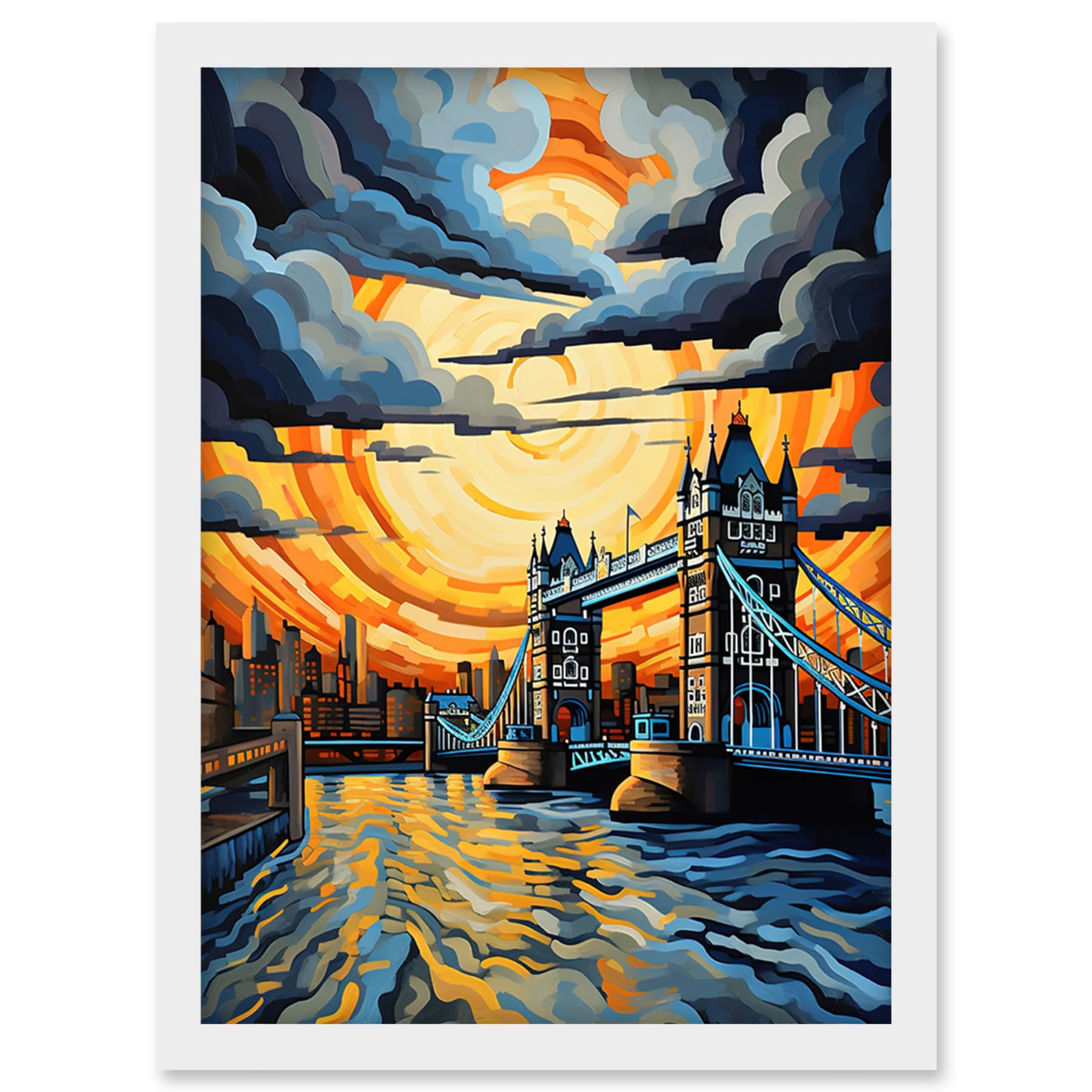 Artery8 London Tower Bridge Dramatic Sunset Vibrant Artwork Blue Orange River Thames England Cloudy Sky Artwork Framed Wall Art Print A4