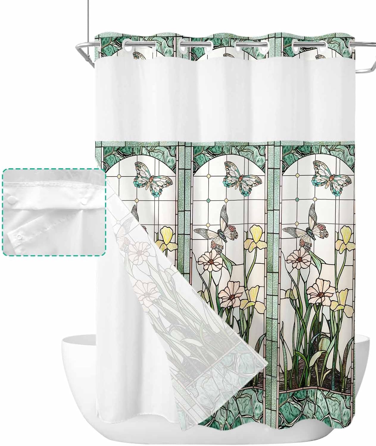 No Hook Shower Curtain with Snap in Liner,Stained Glass Meadow Flowers Dragonfly Waterproof Bath Curtain Double Layers with See Through Top Window,Rustic Botanical Hotel Shower Curtains,60x72In