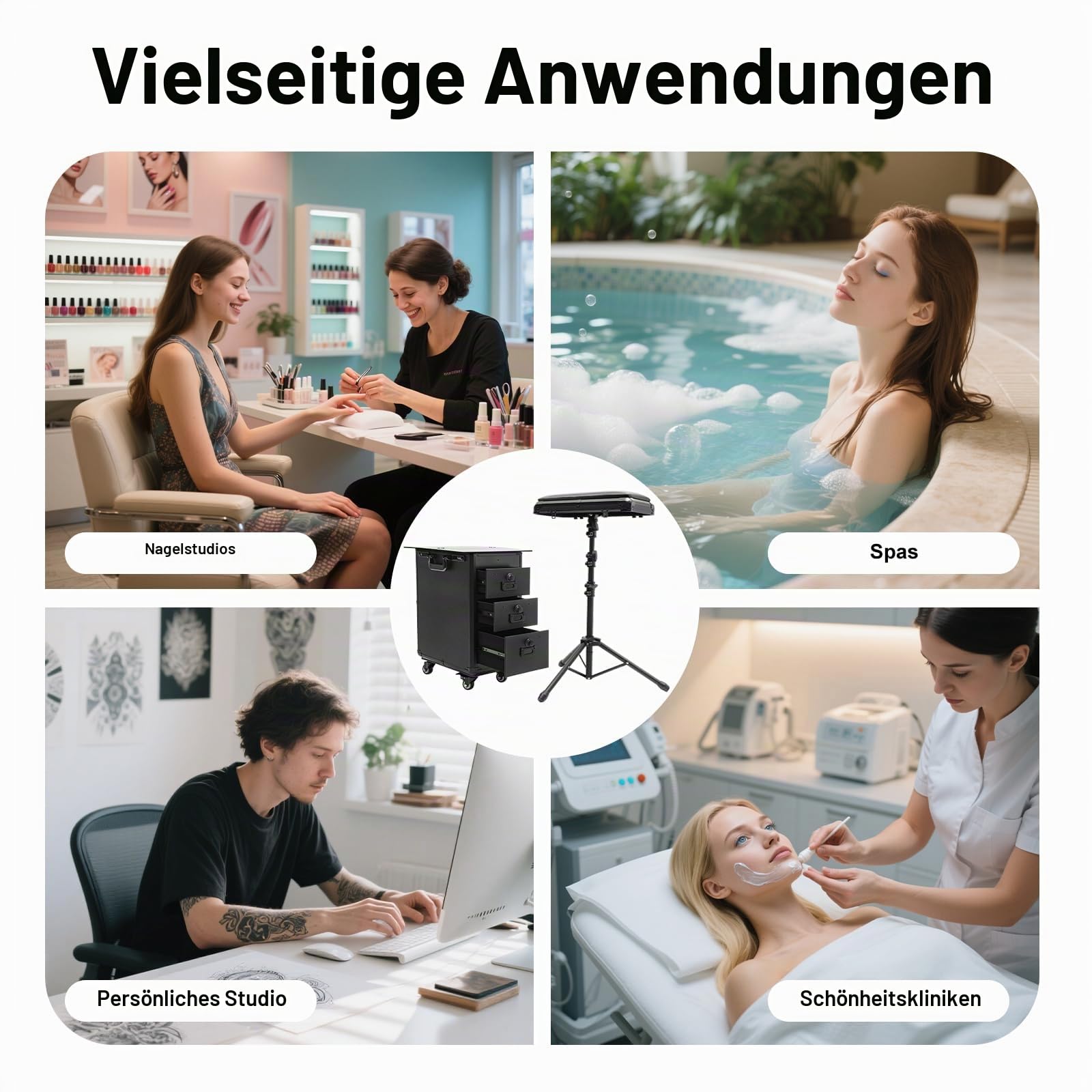 Kosmetikkoffer Trolley mit Armlehnenständer, Tattoo Koffer mit 3 Schubladen & Kombinationsschloss & Werkbank, Professionell Make Up Koffer, Tattoo Tisch Beauty Stand, Großer Friseurkoffer, Schwarz