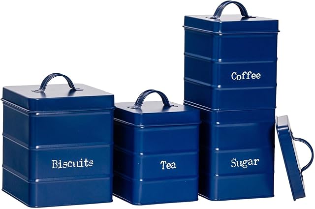 Harbour Housewares 4 Piece Industrial Kitchen Storage Canister Set - Vintage Style Steel Tea Coffee Sugar Caddy with Lid - Navy