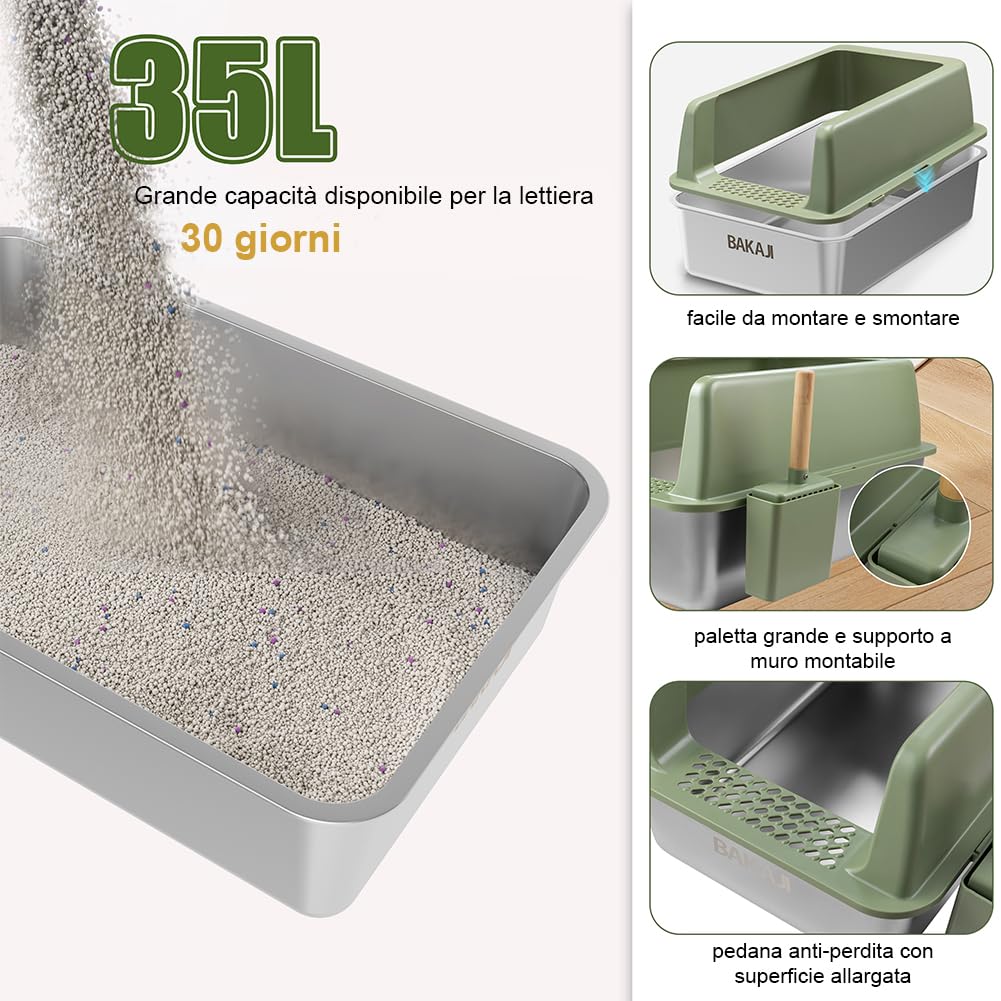 BAKAJI XXL offene Katzentoilette mit Stahlbasis mit sandabweisendem Rand, Schaufel und Behälter, schmutzabweisende Matte, rutschfeste Unterseite, Fassungsvermögen 35 l, 60 x 40 x 30 cm