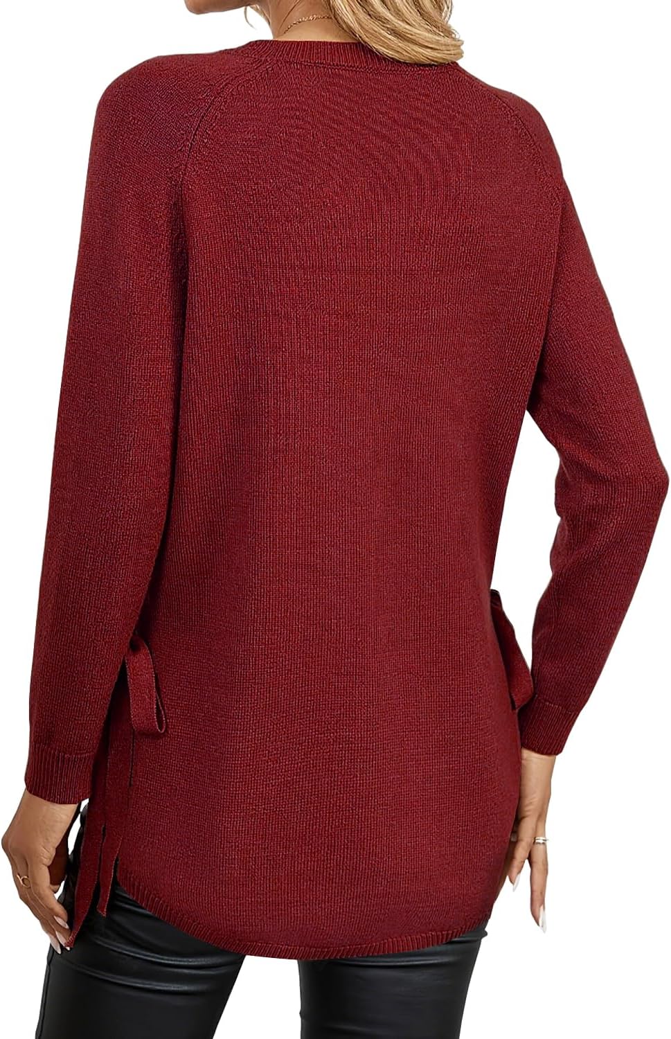 Womens Fall Crewneck Long Sleeve Tunic Sweaters Pullover Work Casual Side Slit Curved Asymmetrical Hem Bow Tie Knit Tops
