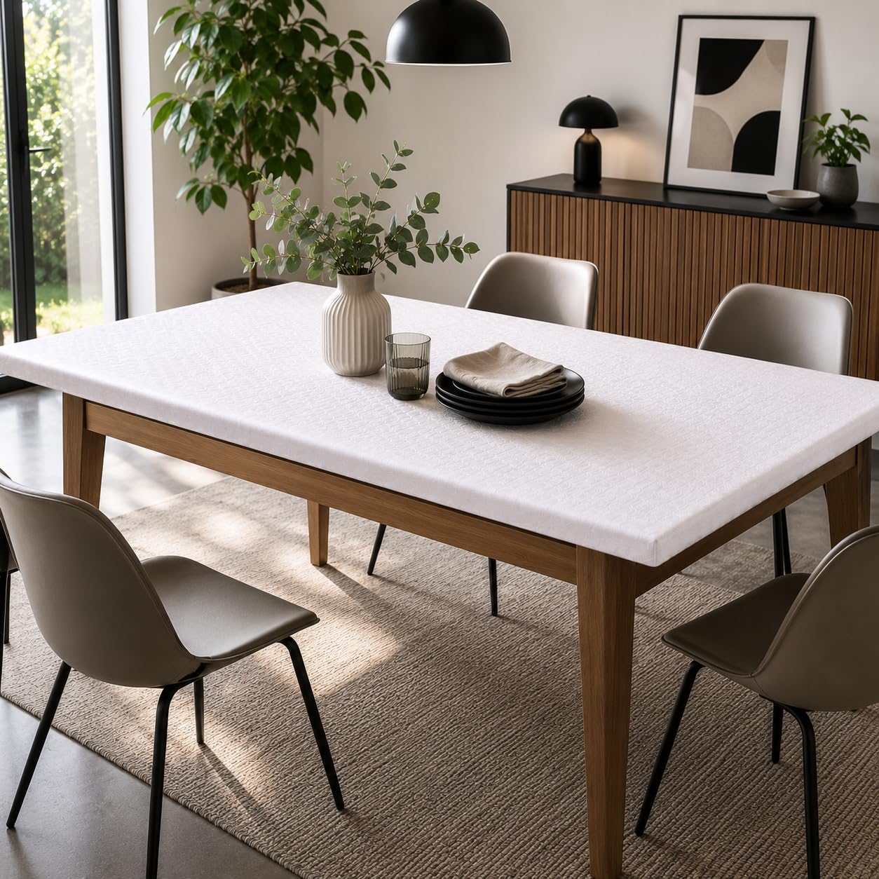 D'CLIC Protège Table Rond Élastiqué 110 à 123 cm – sous Nappe de Protection Mousse PVC molletonnée – Molleton Épais Antichoc et Anti-Tâches – Protection de Table – Fabrication Française