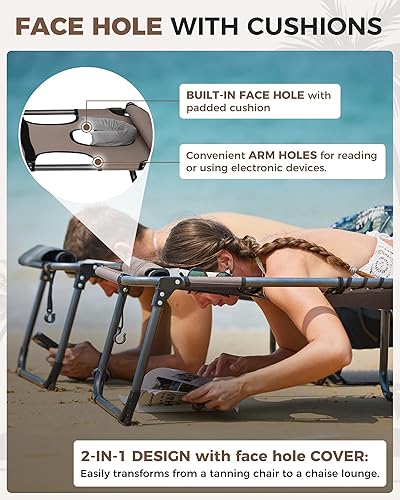 Miniatura 3 de KingCamp Paquete de 2 sillas de bronceado con agujero facial, sillas de descanso plegables para exteriores, cómodas, ajustables, de 5 posiciones,