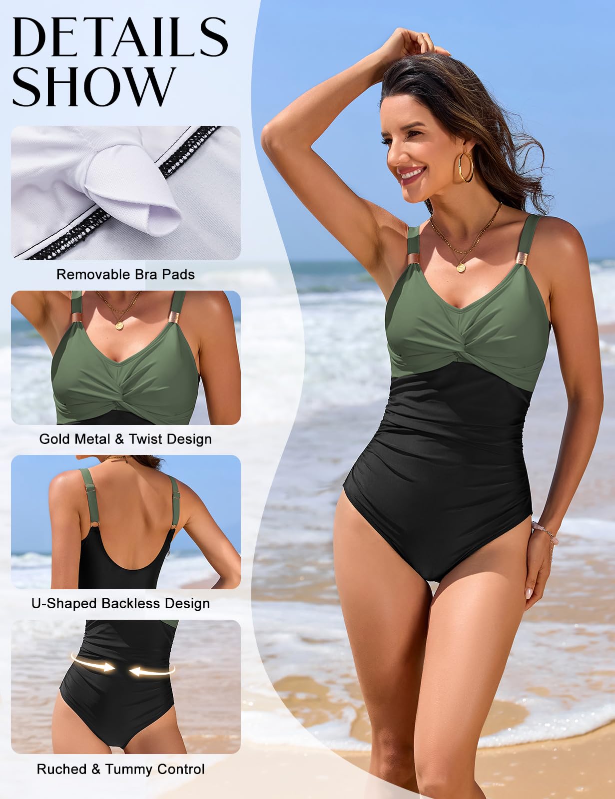 Maillot de Bain Femme 1 Pieces Gainant Ventre Plat Push Up Rembourré Maillots de Bain Amincissant Taille Haute Col en V Swimsuit Monokini Beachwear avec Décorations Métal