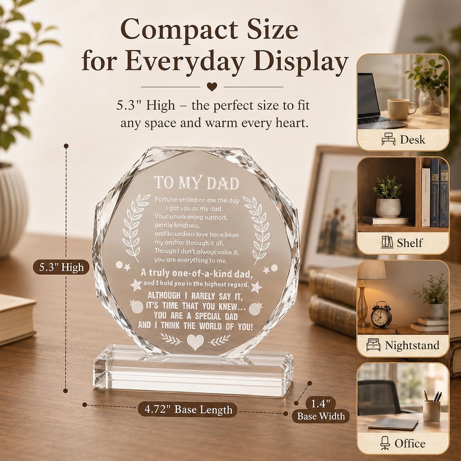 To My Dad Gifts from Daughter Son, Laser Engraved Glass Keepsake, Fathers Day Birthday Christmas Gift for Dad, Desk Shelf Decor with Gift Box
