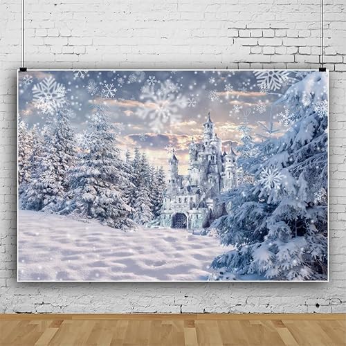 Miniatura 2 de Telón de fondo de bosque de nieve de invierno de 7 x 5 pies para sesión de fotos, castillo de hielo, copo de nieve, fondo de país de las maravillas