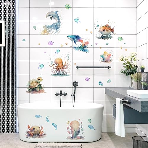 Miniatura 2 de Runtoo Calcomanías de pared bajo el mar, diseño de tortuga, medusas, vida marina, subacuática, para baño, bebé, guardería, niños, decoración de pared