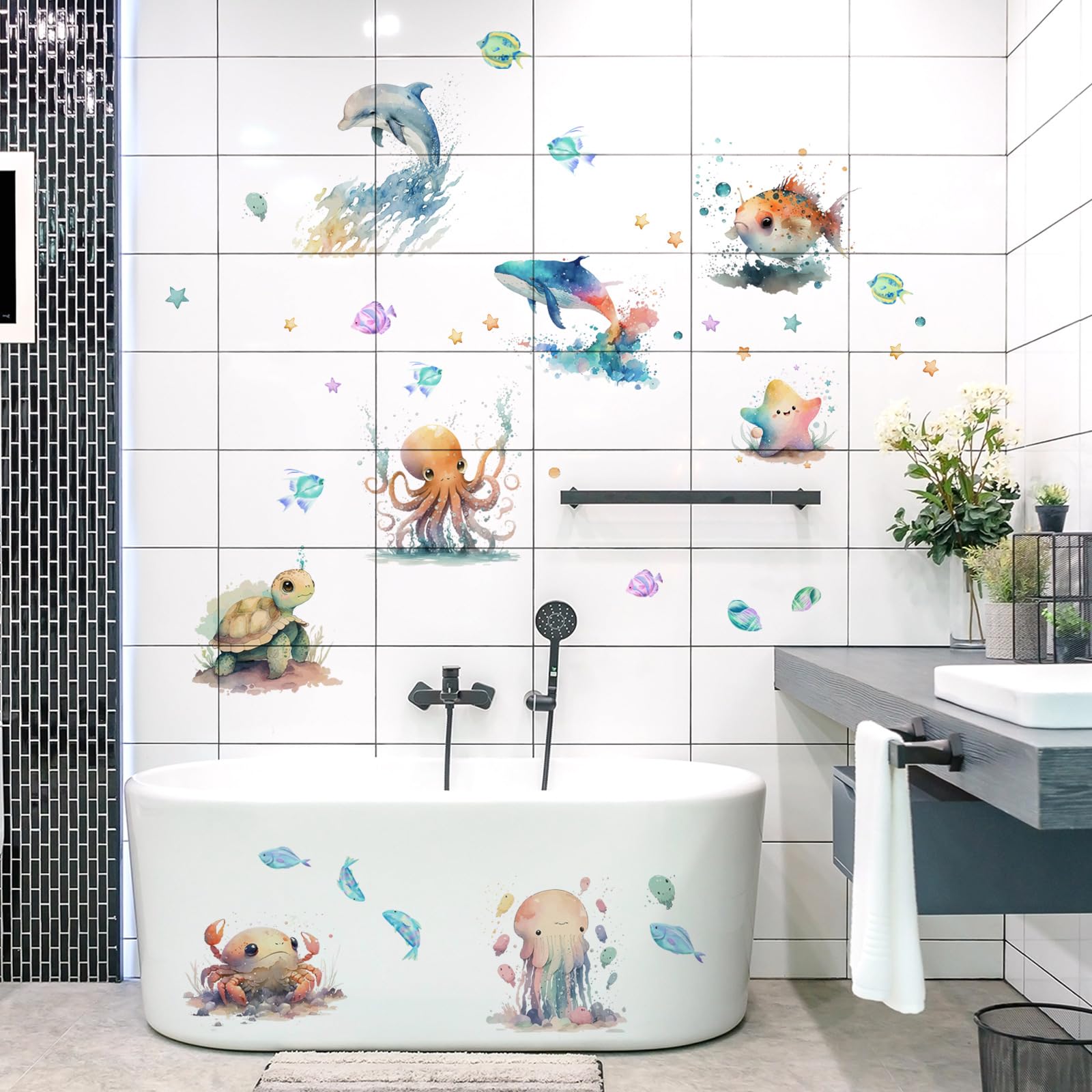 Runtoo Under The Sea Wall Decals Fish Turtle Jellyfish Ocean Sea Life Underwater Wall Stickers Bathroom Baby Nursery Kids Bedroom Wall Decor - Image 2