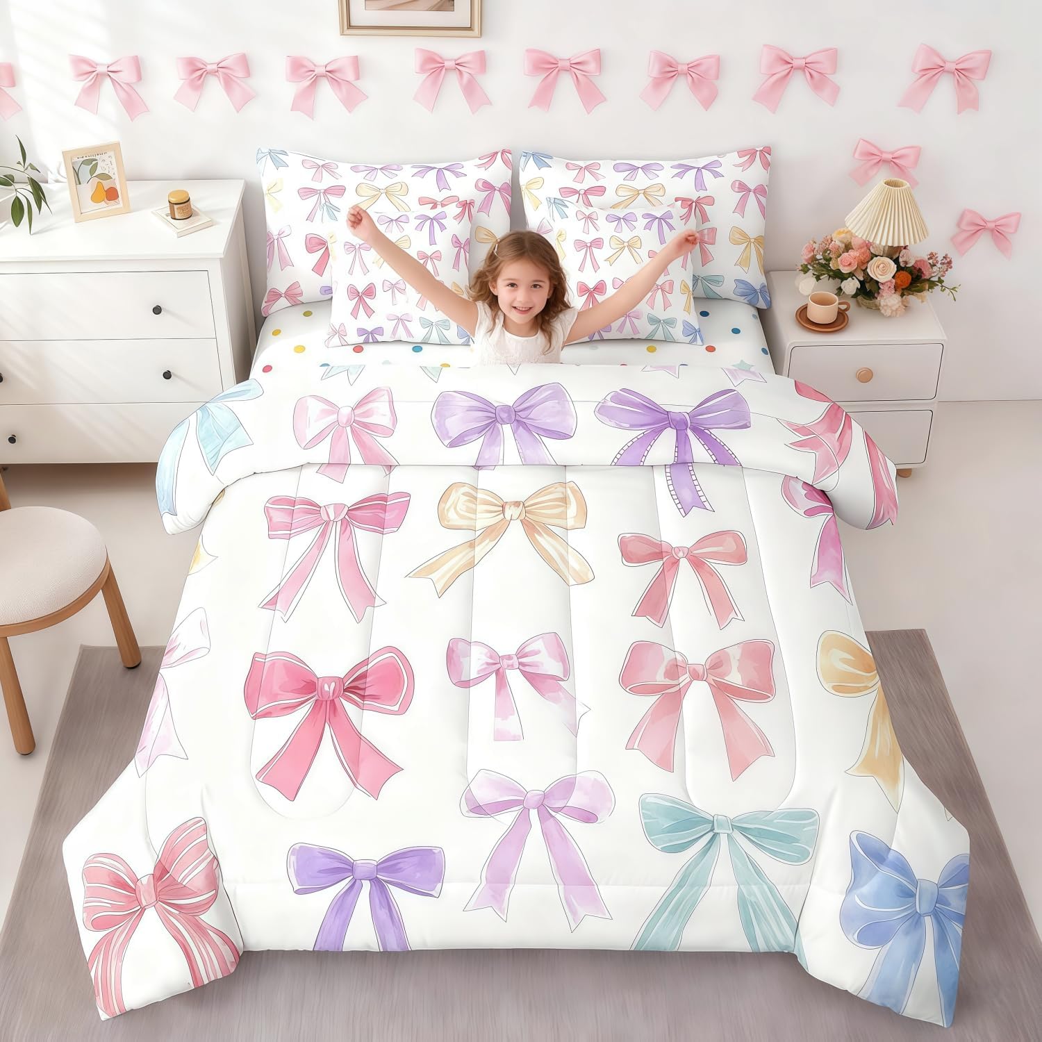 Girls Bow Bed In A Bag Colorful Bowknot 7 Pieces Bed Set Bedroom Decor For Women Girl Butterfly Ribbon Knot Comforter Set With Sheets,Lovely Dreamy Princess Style Bedding Preppy Room Decor (Twin)