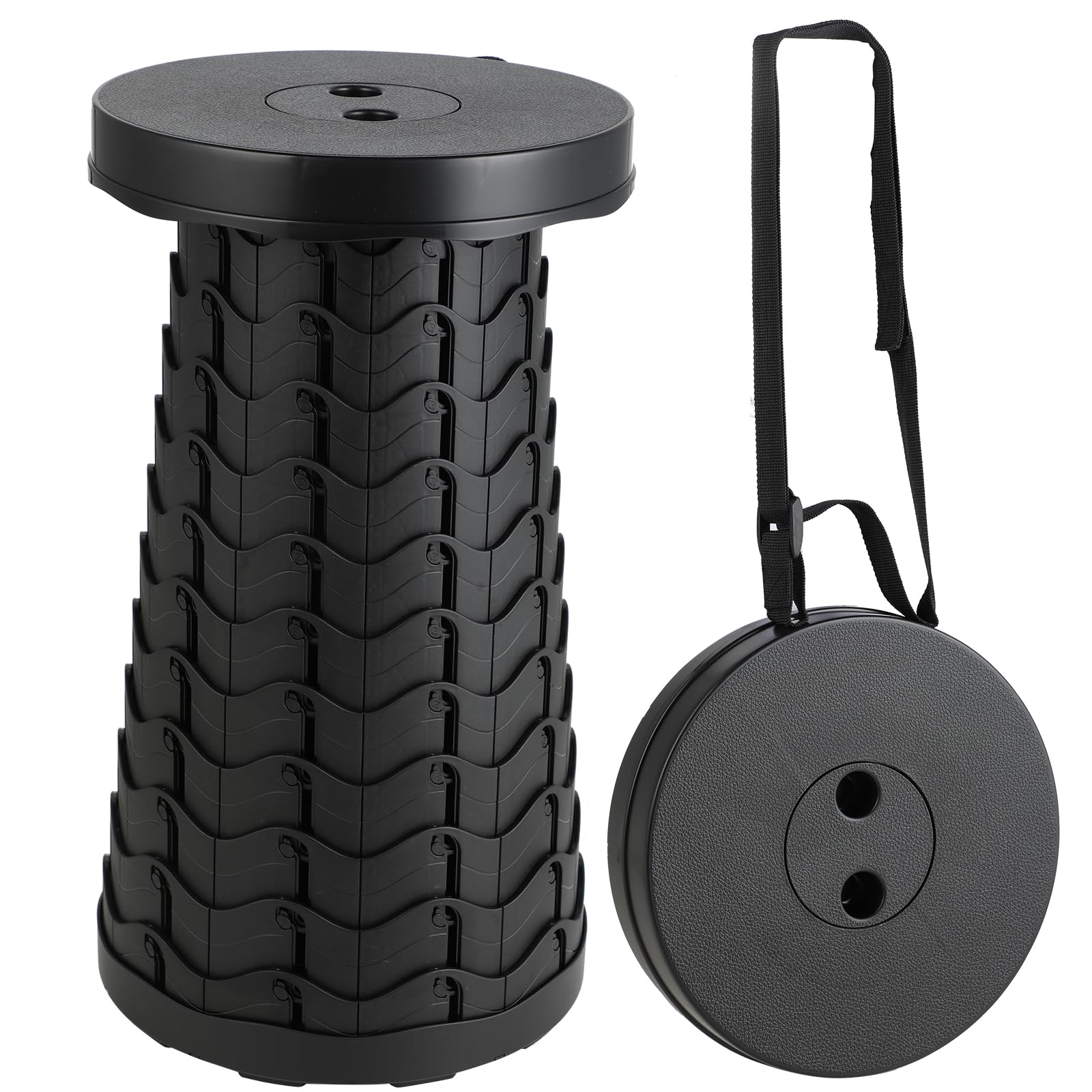 Taburete Telescópico Portátil - Taburete Plegable Retráctil 25 x 6-45cm - Versión Mejorada Capacidad máxima 180 kg - para Camping, Jardín, Pesca, Parrilladas (Negro)