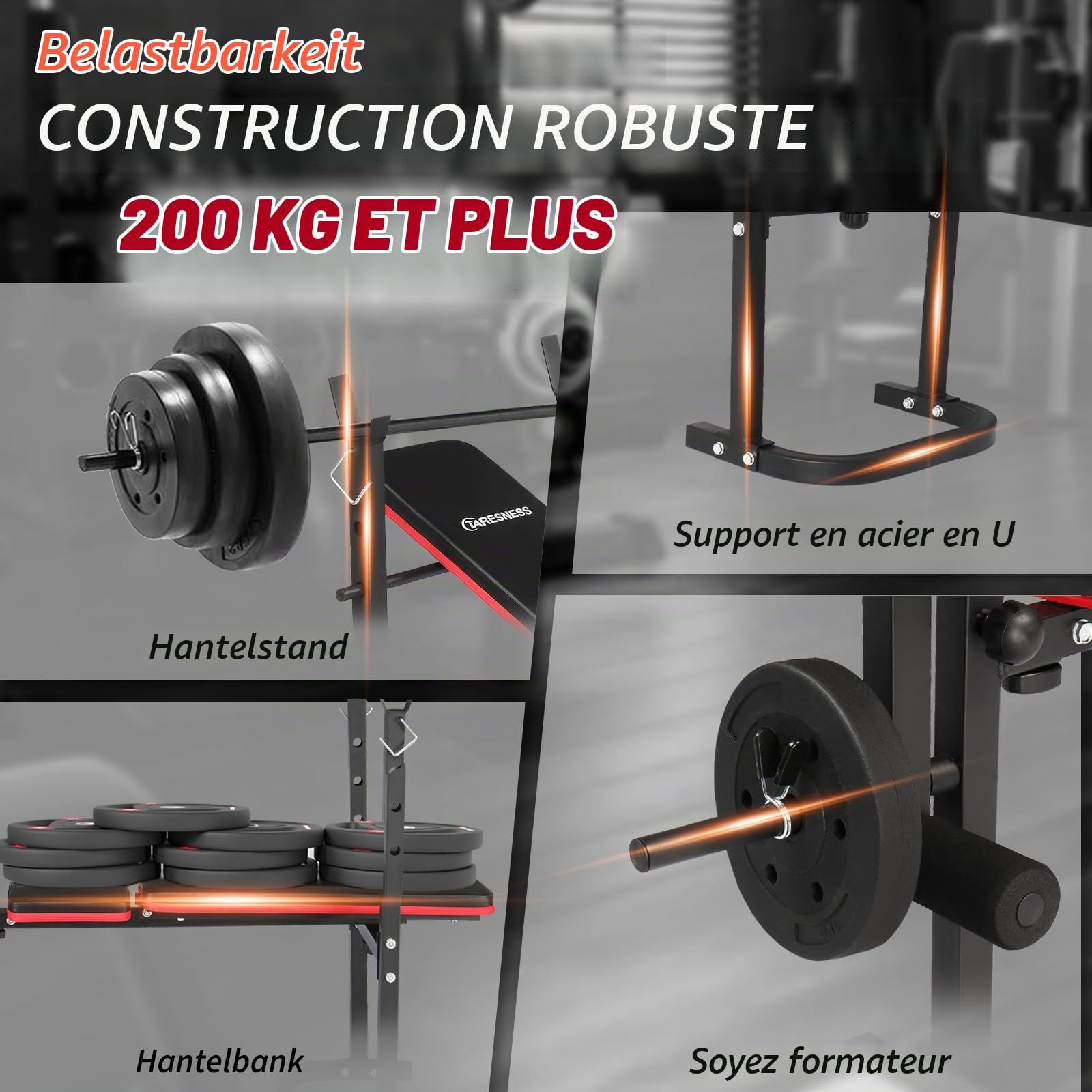 LEADZM Pliable Banc de Musculation Réglable avec Support pour Haltères, Dossier/Siège Réglable sur Trois Positions, Adapté à un Entraînement Complet, Capacité de Charge 200 kg