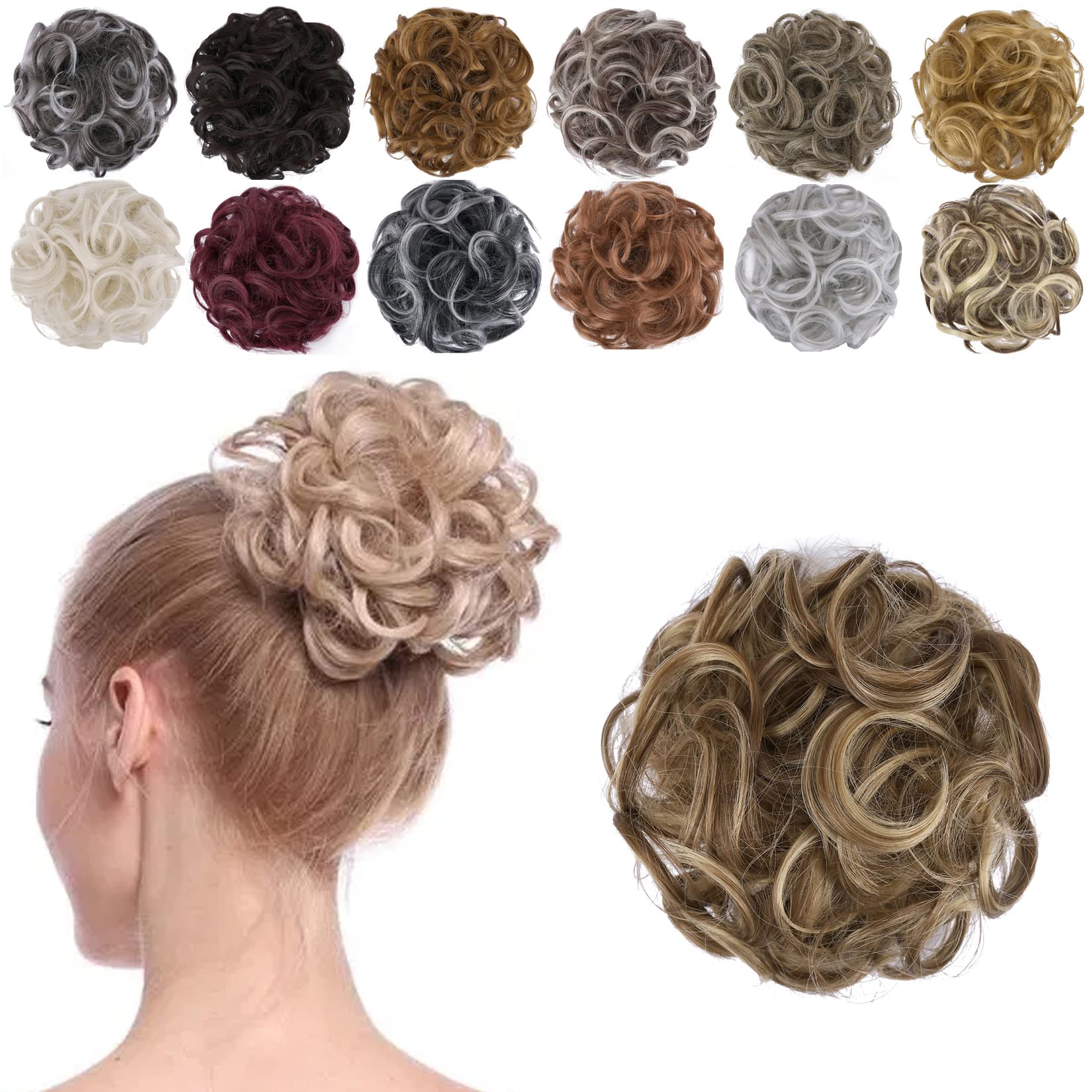 Elaine Messy Bun Hair Piece for Women, Thick Curly Hair Bun Scrunchies Synthetic Wavy Bun Hair Extensions Chignon Ponytail Updo Hairpieces Golden