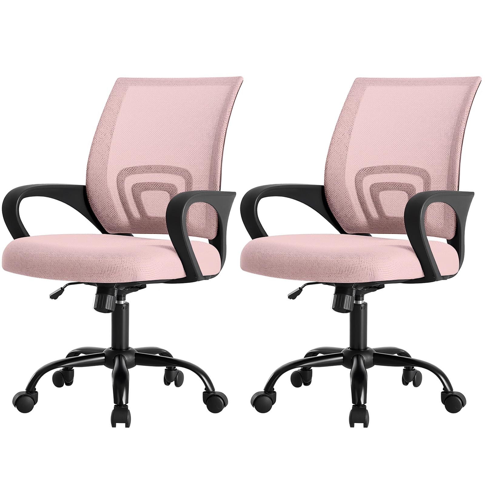DUMOS Office Desk Chair - Ergonomic Mid Back with Lumbar Support &amp; Rocking Mode, Height Adjustable with Fixed Armrest, for Home, Computer, Gaming, Conference, Meeting Room, 360° Swivel, Pink, 2 Pack