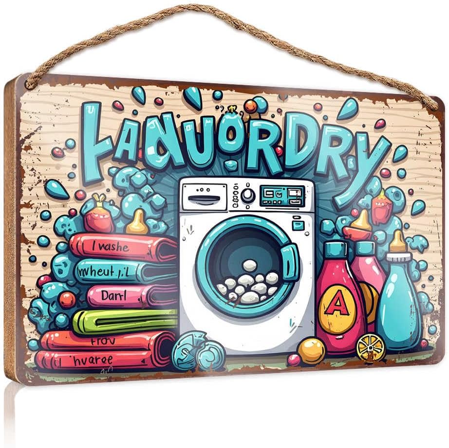 YFOK Door Sign For Front Door Outside Colorful Laundry Day Fun With Detergent Bottles And Books Wooded Sign Pool Decor Gifts For Everyone(20X30CM)