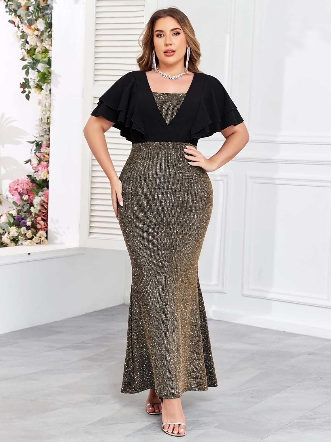ZOMVA Women's Plus Size Sparkly Maxi Dress Ruffle Short Sleeve Bodycon Mermaid Gown Formal Cocktail Party Club Evening - Image 6