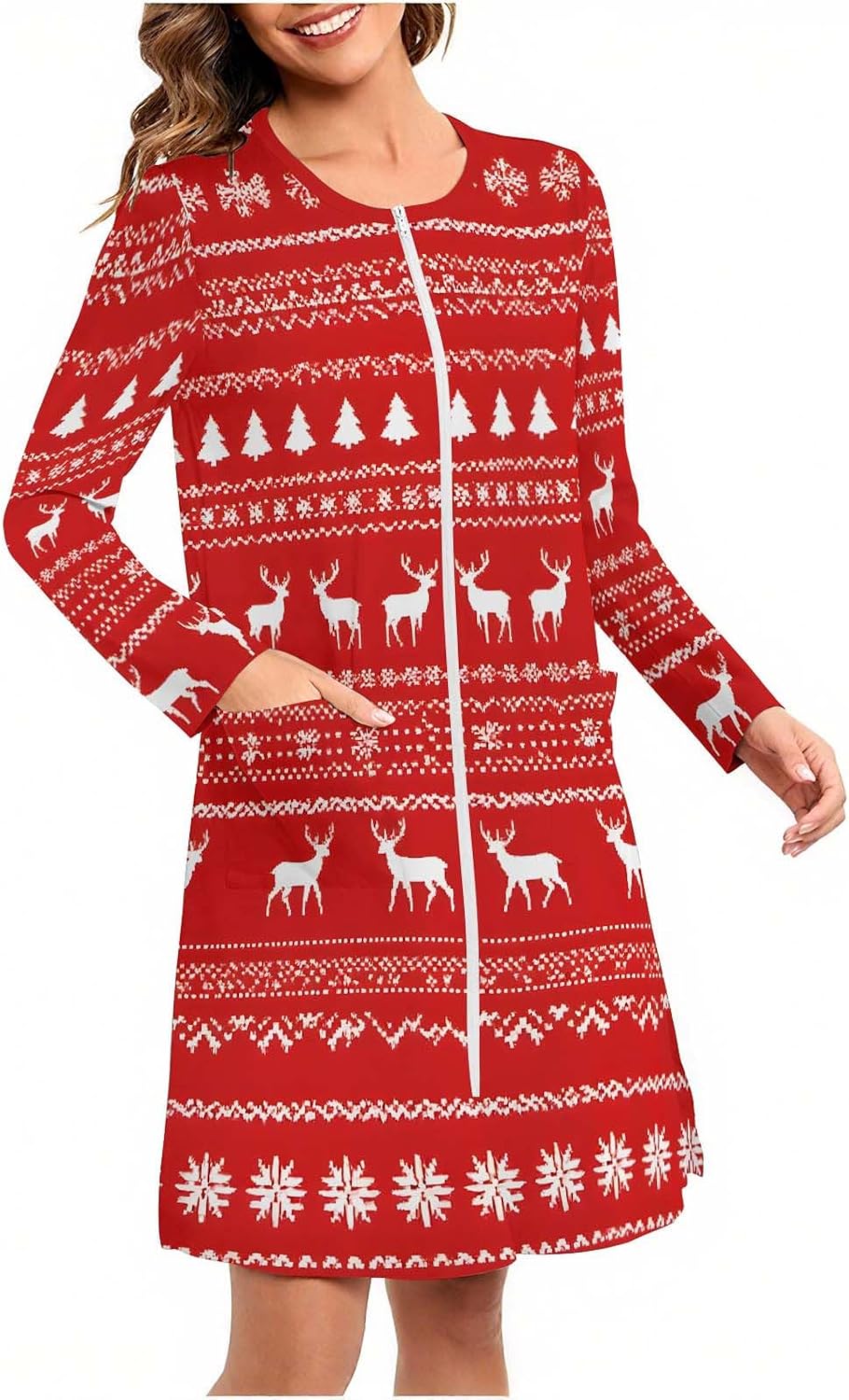 Christmas Pajamas for Women Fashion Printed Zipper Long Sleeve Pajama with Pocket Casual Side Slit Home Sleepwear