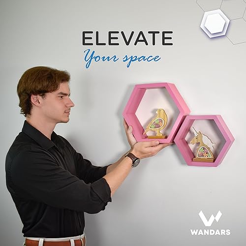 Miniatura 6 de Estantes hexagonales de panal de abeja, juego de 2 estantes de madera de pino y cuarzo rosa, almacenamiento montado en la pared para sala de estar,