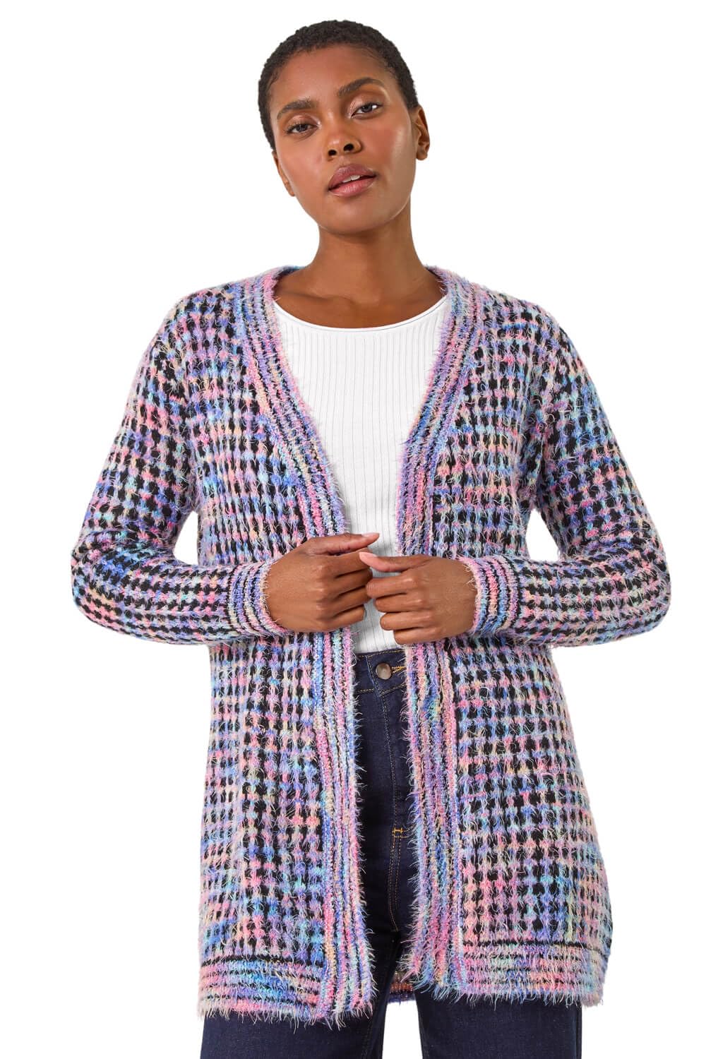 Roman Women Fluffy Cardigan Ladies Winter Cardi Longline Edge to Edge Ombre Coatigan Casual Sparkly Glittery Jacket Knitwear Knitted Autumn Fleecy Cosy Soft Coats - Lavender - Size 18