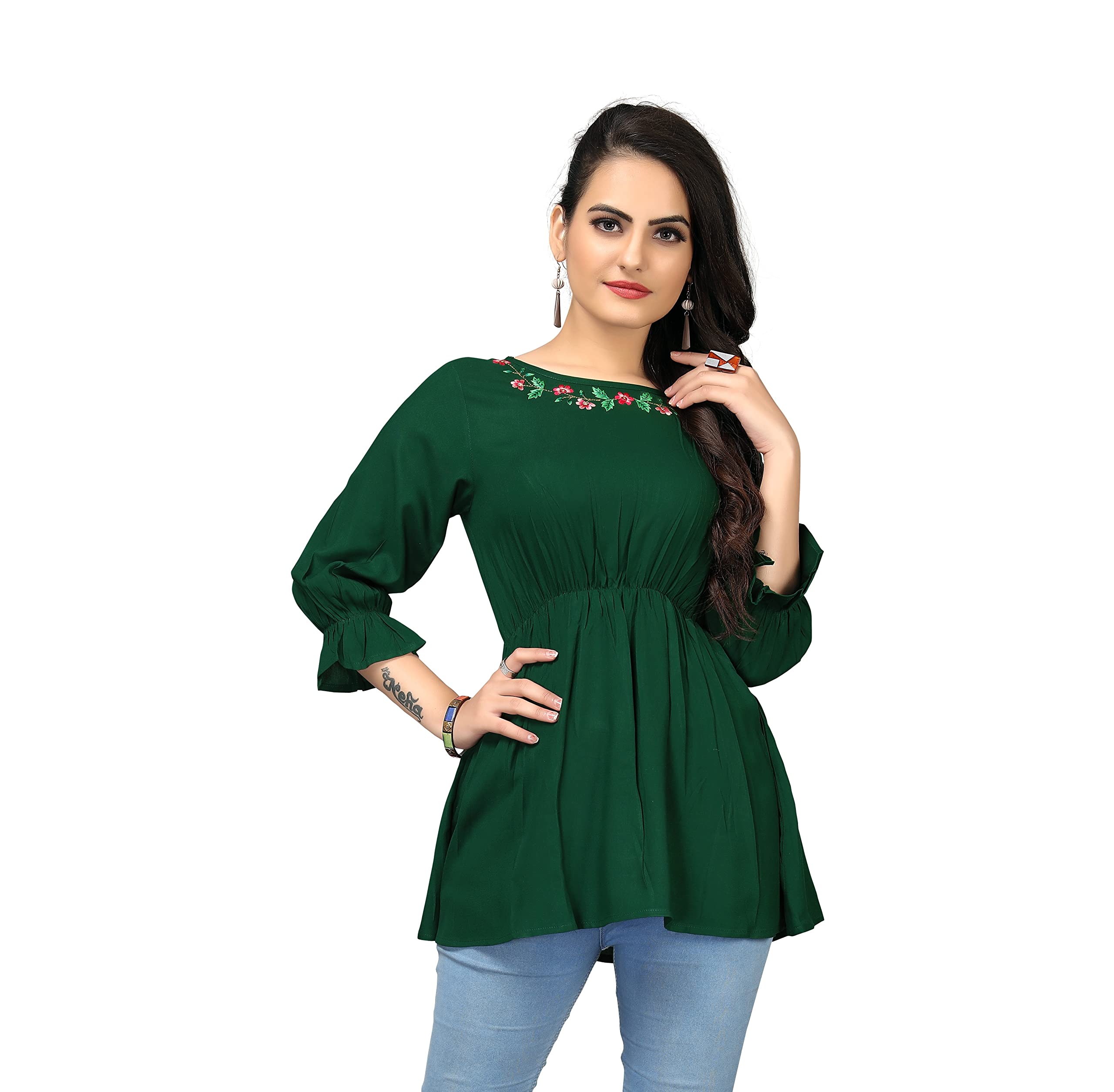 SHIVAX IMPEX Embroidered Straight Rayon Top Round Neck 3/4 Sleeves Top for Women's Regular fit. Neck- Round Neck. Sleeve Type: 3/4th Sleeve. Top Fabric : 100% Rayon.