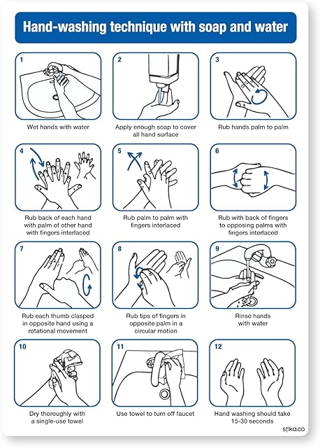 stika.co Hand Washing Technique Poster, Hygiene Standards Hand-washing technique with soap and water, Toilet and Washroom Hygiene Safety Signs - Self-Adhesive Vinyl, A5 - 148 x 210mm