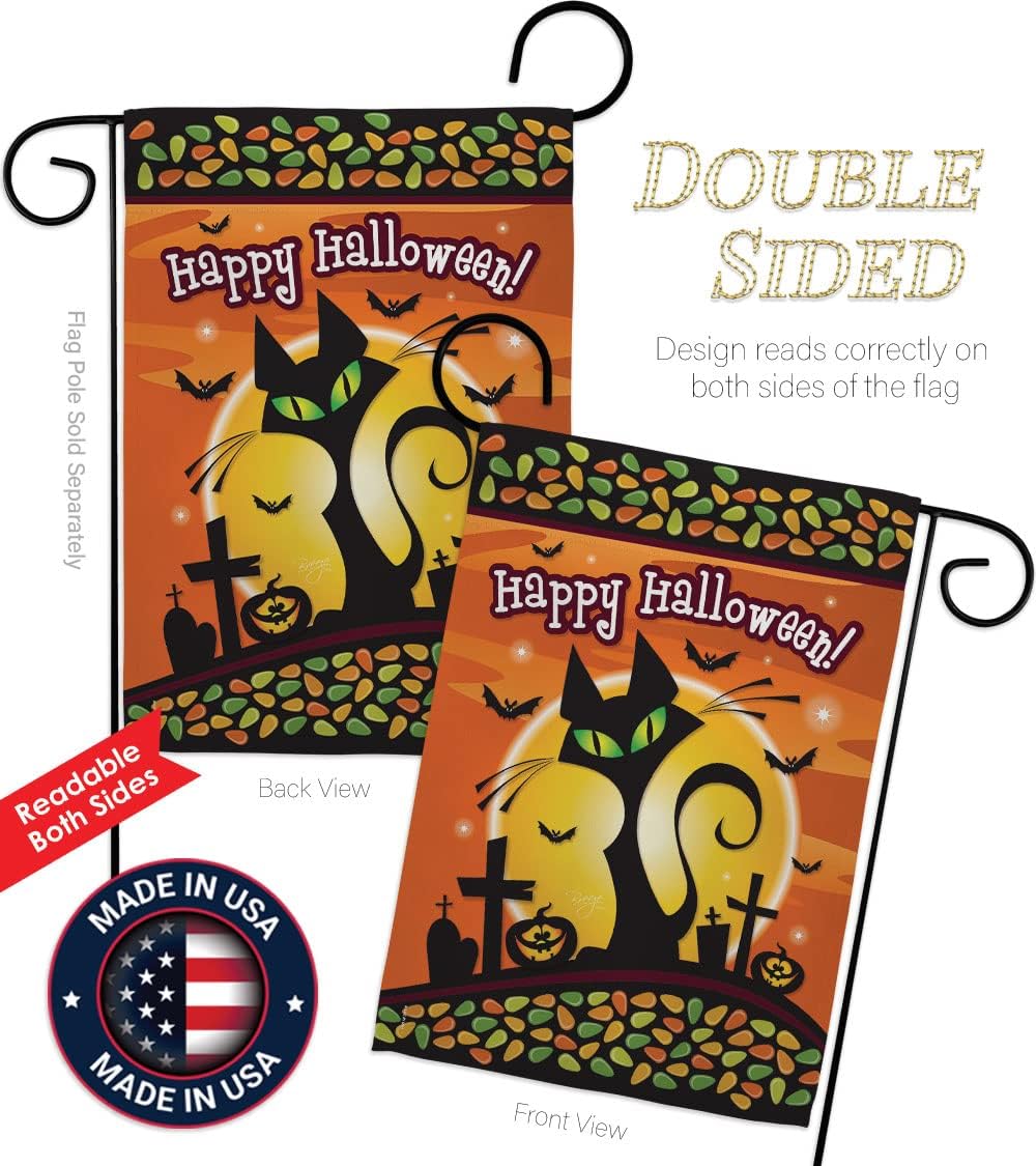 Breeze Decor GS112050-BO Black Cat Fall Halloween Decorative Vertical Banner Pole, Garden Flag 13"x 18.5", Small Flag Set w Flagpole