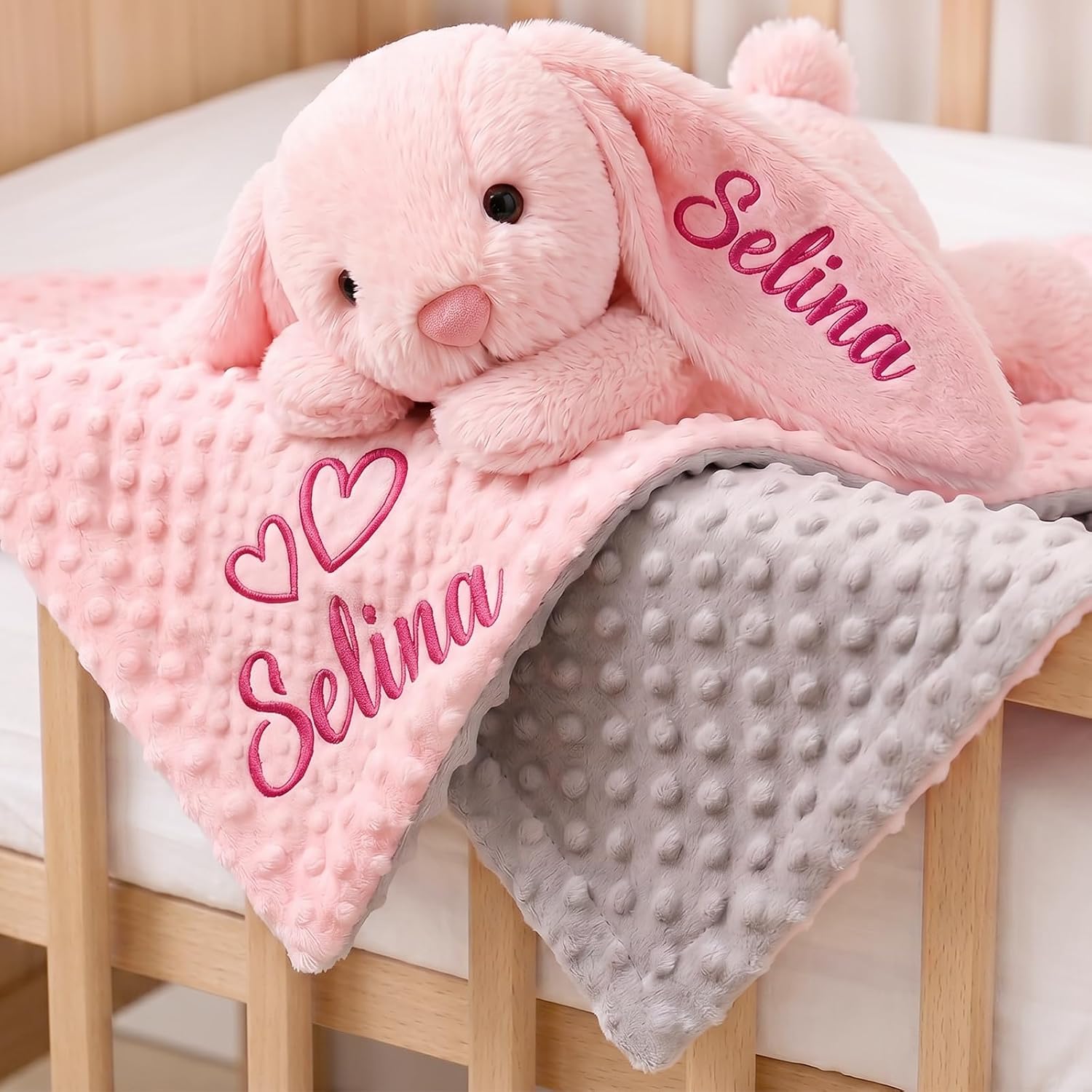 Baosity Personalized Baby Blanket and Plush Bunny Set with Embroidered Name
