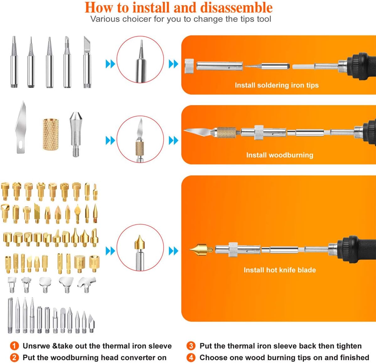 Wood Burning kit,60W 112Pcs Professional WoodBurning Pen Tool, DIY Creative Tools with Adjust Temp Switch 200~450℃,Wood Burner for Embossing,Carving，Pyrography,Soldering,Suitable for Beginners,Adults