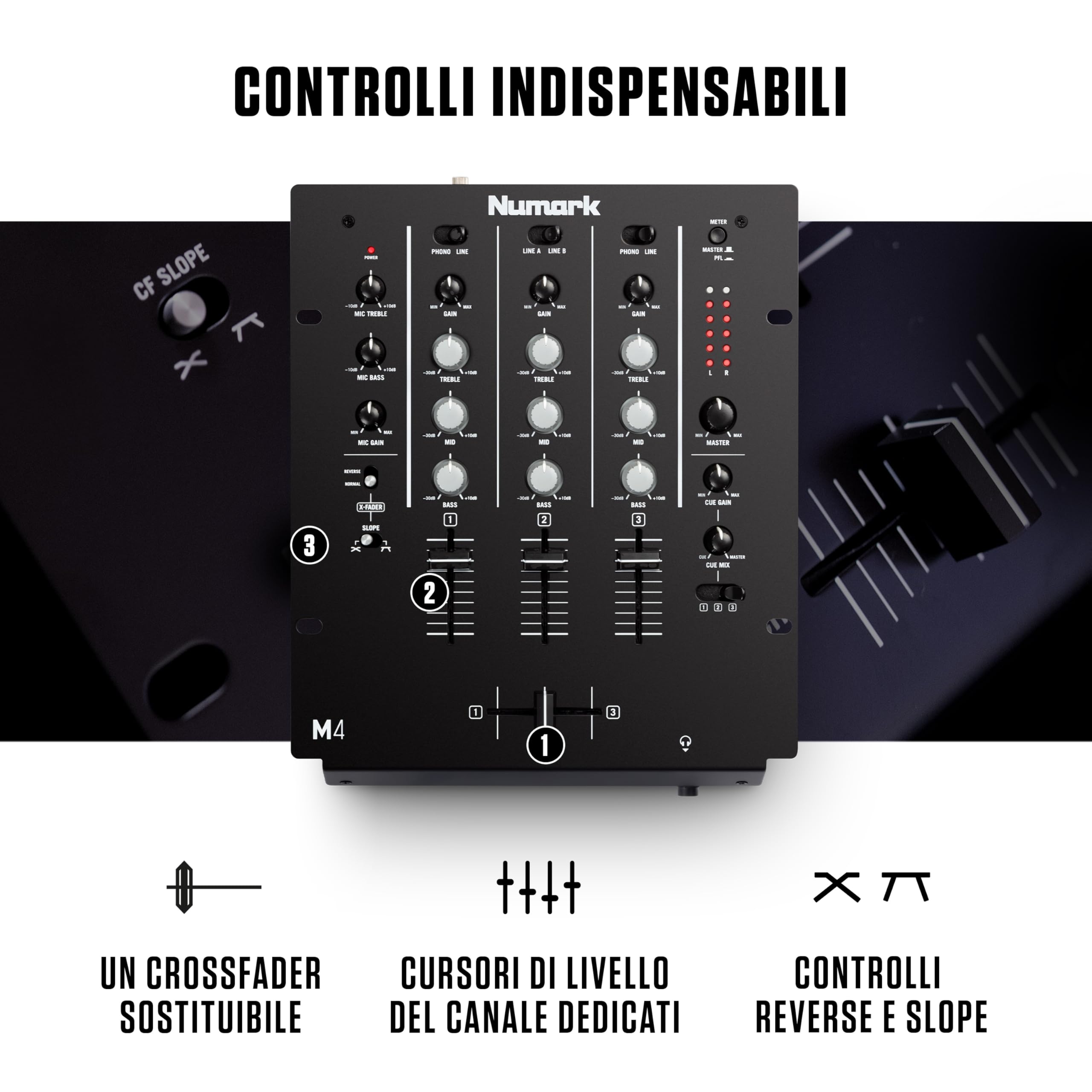 Numark M4 - Mixer Scratch 3 Canali a Rack per DJ con EQ a 3 Bande, Ingresso Microfonico, Crossfader Sostituibile e Controlli Slope e Reverse