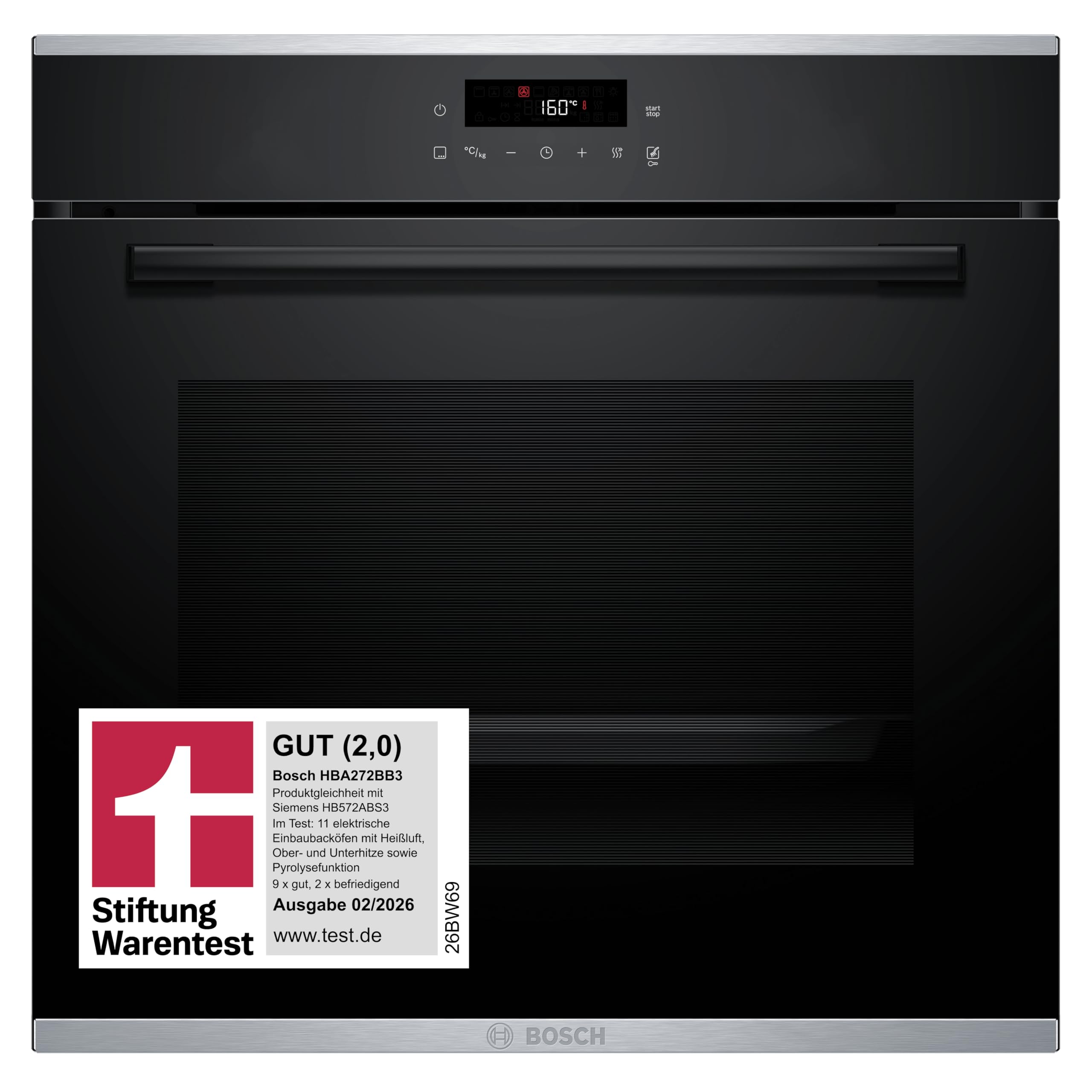 Bosch HBA272BB3, Stiftung Warentest GUT (2,0)*, Serie 4 Einbau-Backofen 60 x 60 cm, Pyrolyse-Selbstreinigung & Hydrolyse, LED Touch Control, 3D-Heißluft, 10 Automatikprogramme, Schnellaufheizung