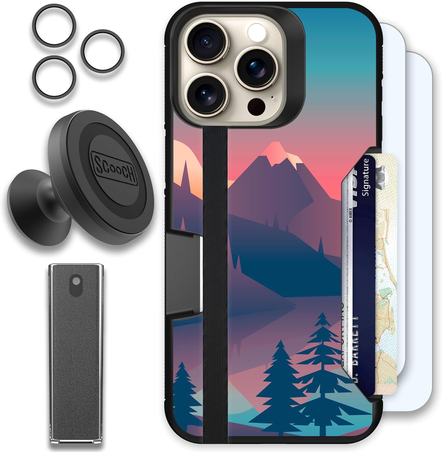 Scooch for iPhone 15 Pro Max Case with Card Holder, Moneymate [Defender Bundle] with 2 Screen Protectors, Camera Protector, Wingmount, Mounting Card, Tech Spray, Mountain Range