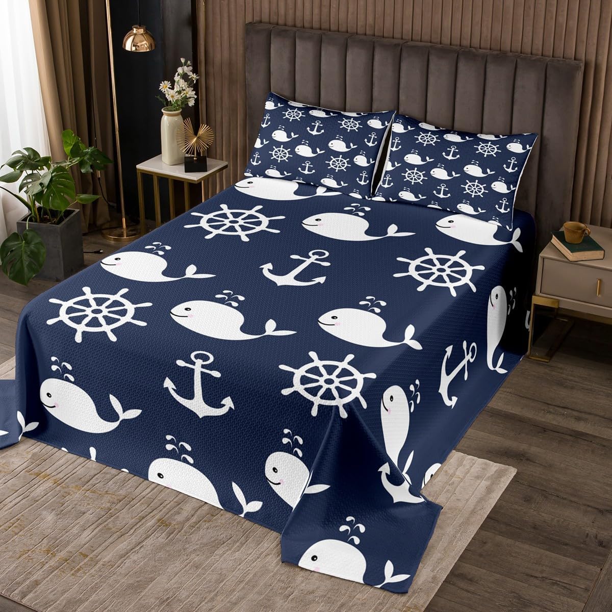 Erosebridal Nautical Bedspread Set Queen,Plaid Patchwork Ocean Themed Kids Quilt Set Sailboat Anchor Coverlet Set Navy Blue Bedding Set for Boys Girls Teen Adult
