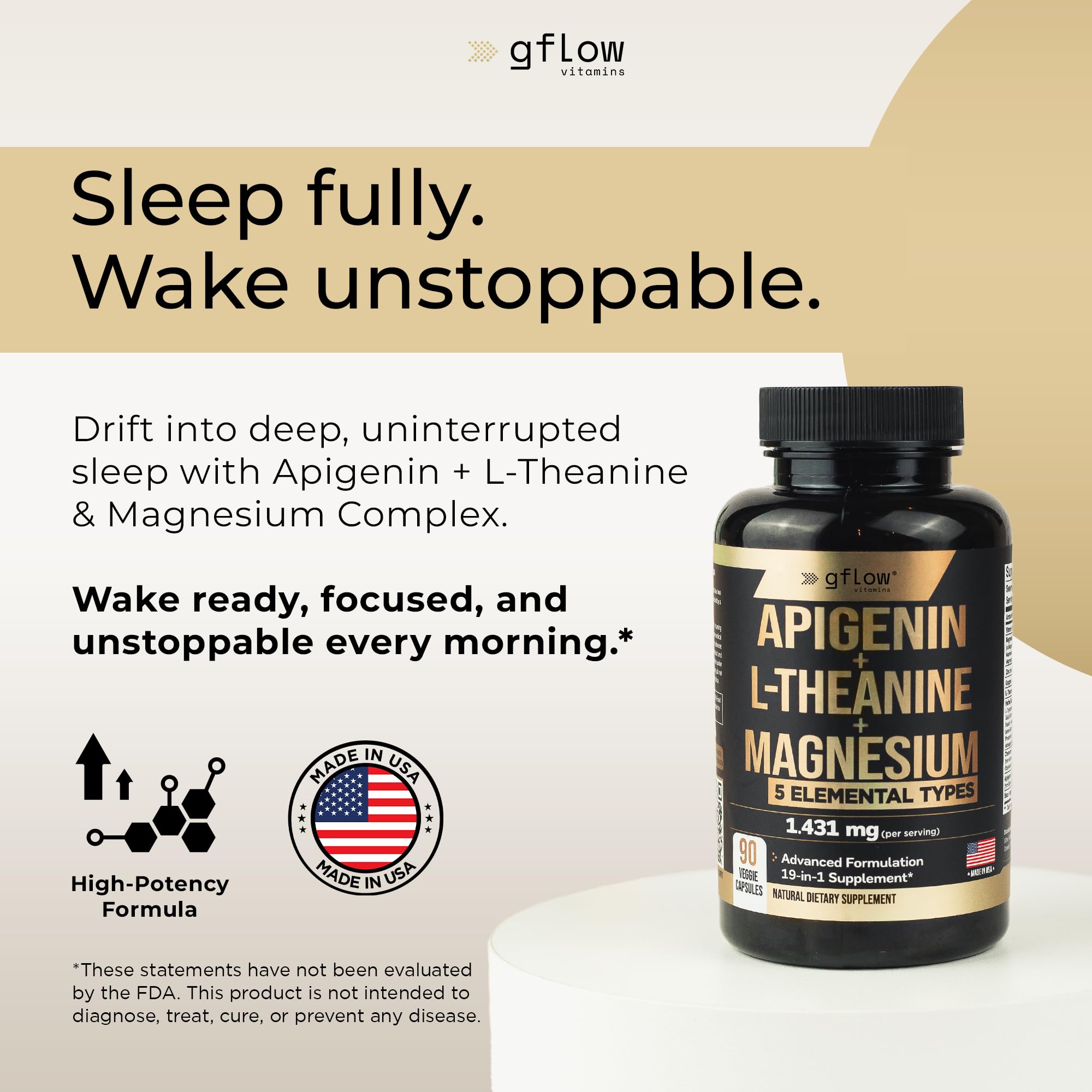 Gflow Vitamins Apigenin Supplement for Sleep with Magnesium Glycinate Complex and L-theanine Supplement - 19 in 1, Ashwagandha L Tryptophan 5-HTP GABA Phosphatidyl Serine, Chamomile | Made in USA — Amazon image 2