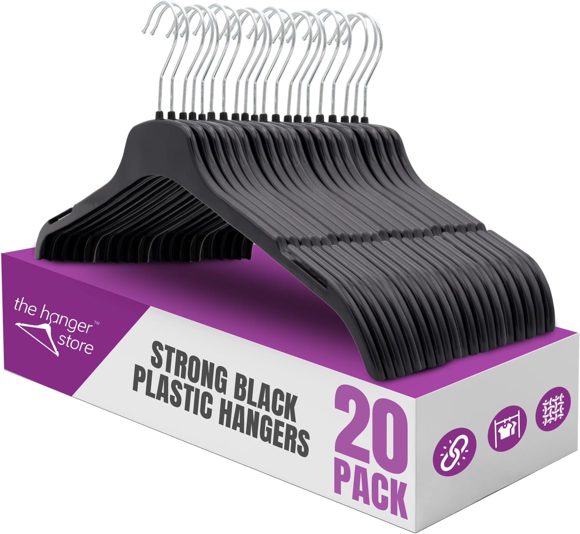 – The Hanger Store 20 Strong Black Plastic Adults Coat Clothes Hangers - Sturdy, Space-Saving, Slim Profile with 360-Degree Swivel Hook - Ideal for Organizing Tops, Shirts, Coats, Jackets
