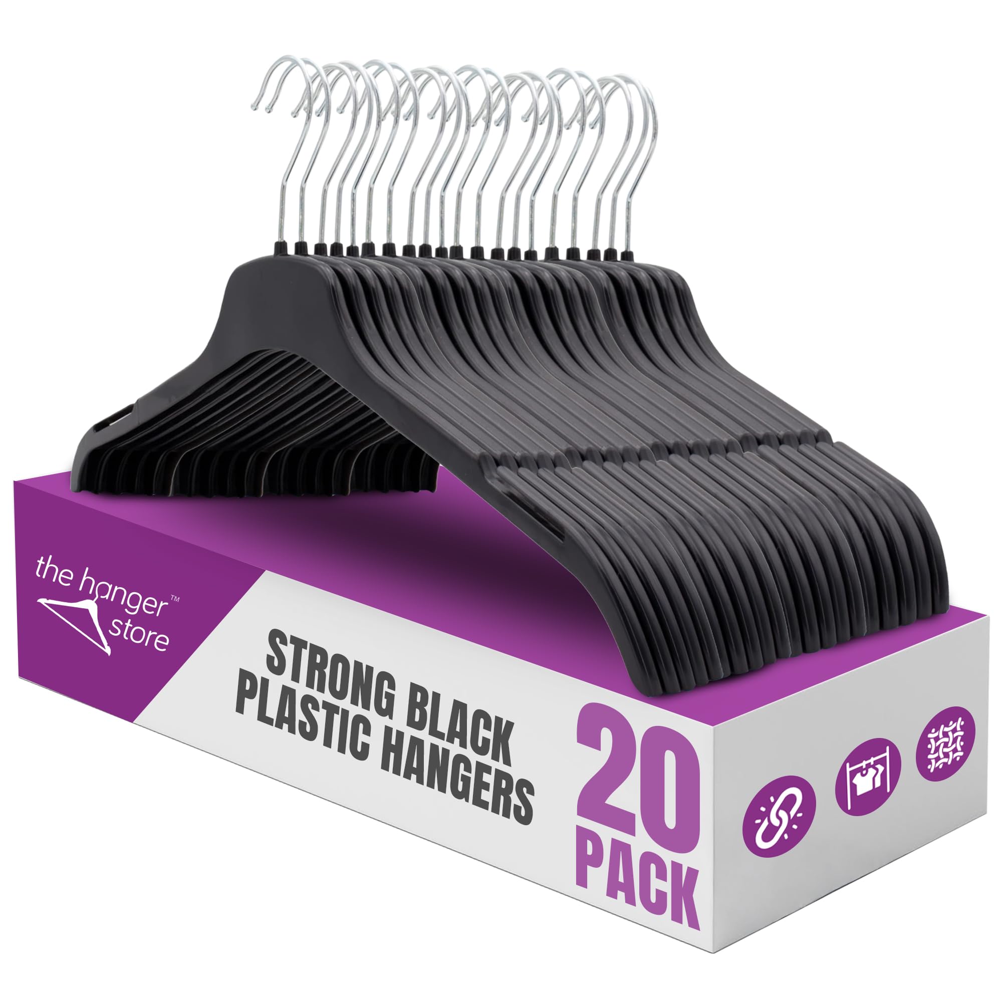 The Hanger Store 20 Strong Black Plastic Adults Coat Clothes Hangers - Sturdy, Space-Saving, Slim Profile with 360-Degree Swivel Hook - Ideal for Organizing Tops, Shirts, Coats, Jackets, and Blouses