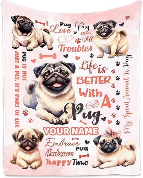 Custom Pug Blanket, Pug Lovers Gift, Cute Soft Throw Gifts for Girls Boys Women, Cozy Flannel Throw Blankets for Couch Sofa, 30"x40"