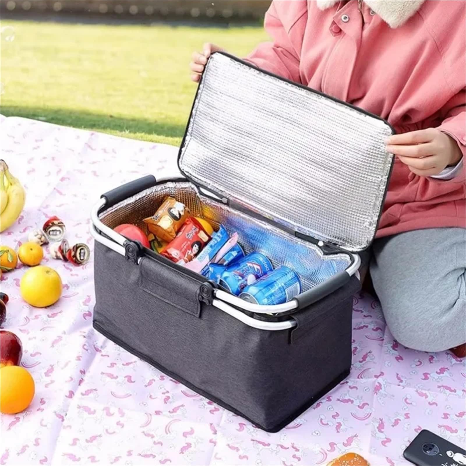 Panier de pique-nique, shopping, voyage, camping, sacs d'épicerie, 2 couches de poches intérieures, panier pliable étanche et isolé (rouge)