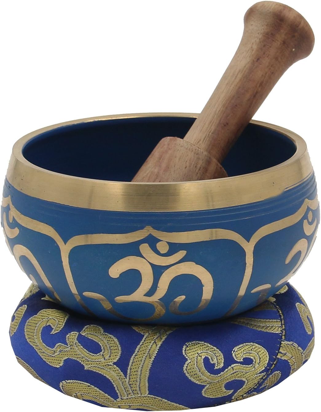 DharmaObjects® Tibetan Blue Yoga Meditation OM Singing Bowl Mallet Cushion Box Gift Set (Navy Blue)