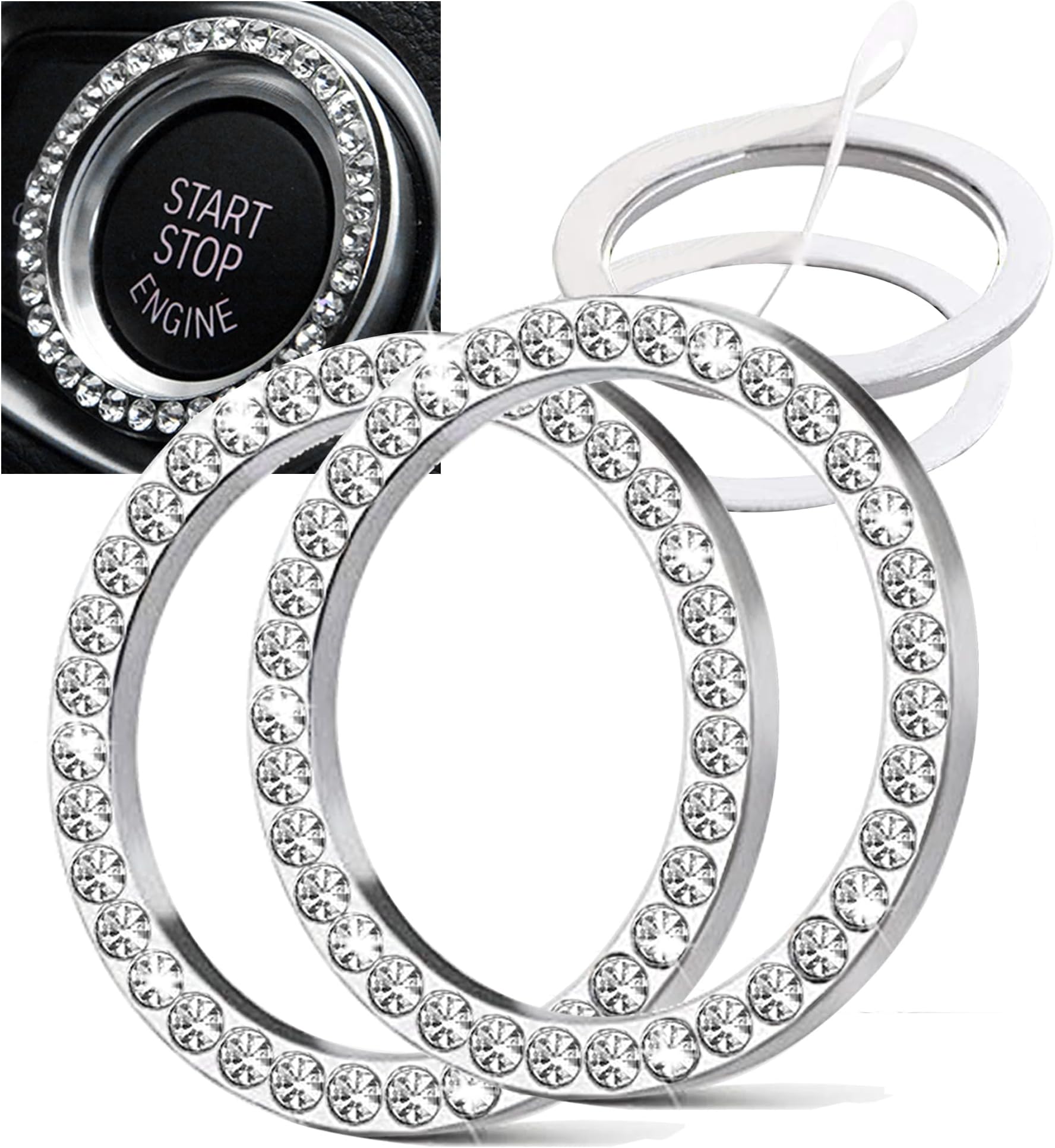2pcs Bling Car Engine Start Button Cover Diamond Crystal Push Start Stop Button Ring Sparkly Bling Ignition Button Cover Rhinestone Keyless Ignition Ring Universal Car Accessories (Silver)