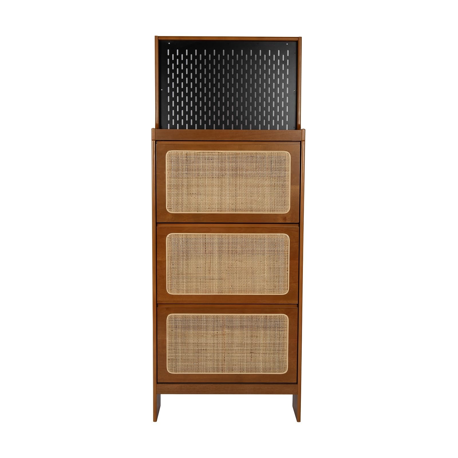 Rattan Shoe Cabinet for Entryway, Free Standing Shoe Rack with 3 Flip Drawers & Black Pegboard, Hidden Narrow Shoe Cabinet for Entrance Hallway, 24.88" W x 7.88" D x 65" H