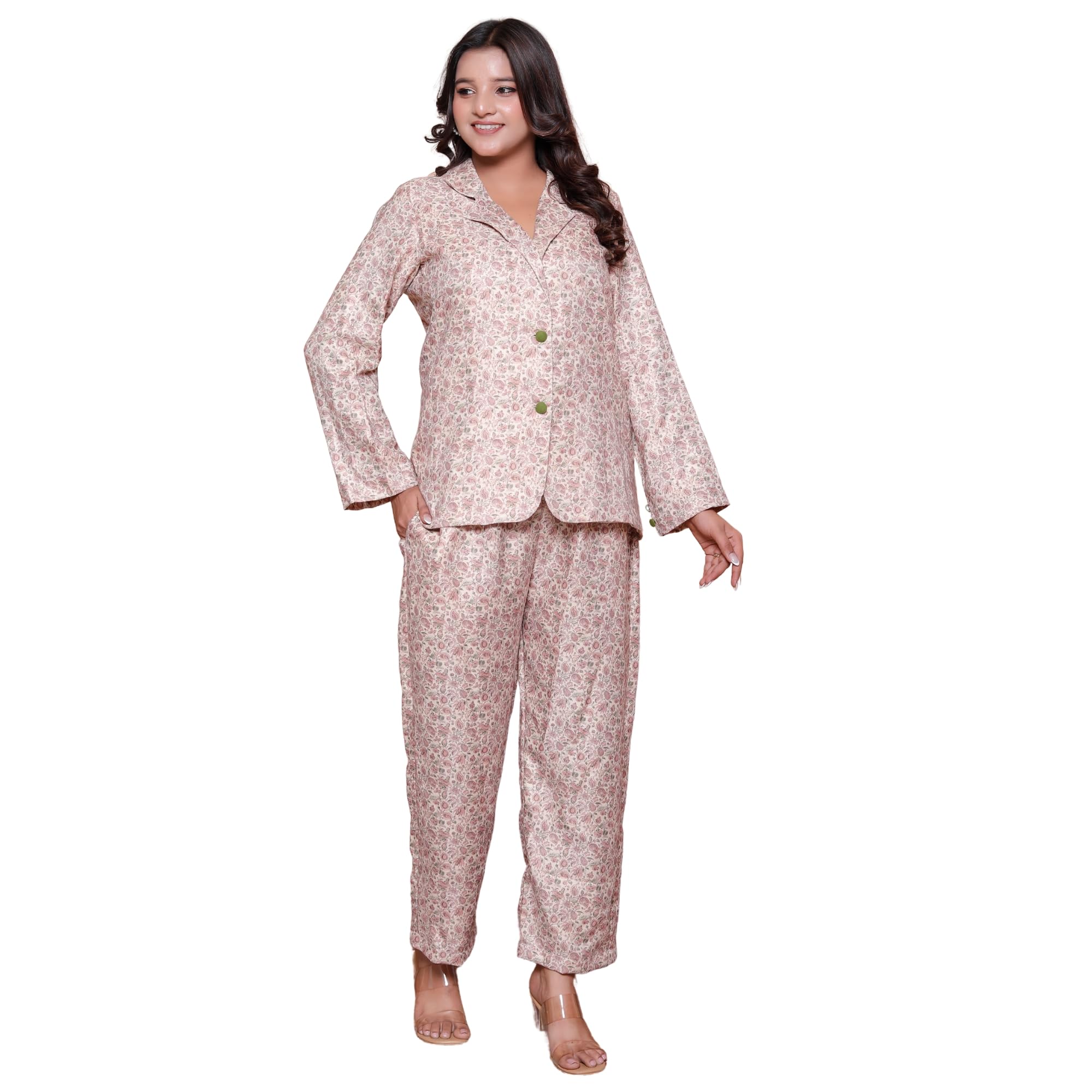 Women's Floral Print Co-ord Set, Blazer with Pants, Woolent Fabric, Beige and Brown Paisley Pattern, Formal Wear