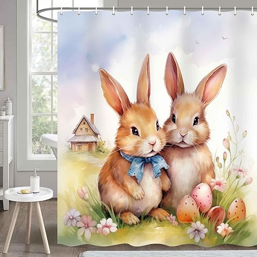 Miniatura 4 de MERCHR Bonita cortina de ducha de conejo de Pascua para baño, festival de primavera, juego de cortina de baño con 12 ganchos, cortina de ducha