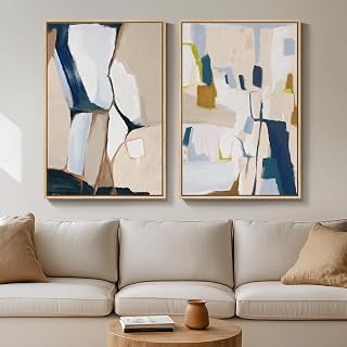 Cuspin Set of 2 Large 24x36 Framed Neutral Abstract Canvas Wall Art - Modern Blue & Beige Prints for Living Room, Bedroom, Office