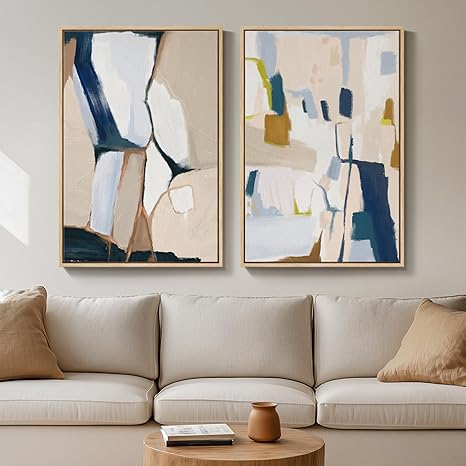 Large Framed Neutral Abstract Wall Art for Living Room, Set of 2 Bright Modern Canvas Prints Paintings Artwork for Walls, Colorful Abstract Pictures for Hallway Stair Bedroom Office Wall Decor 24x36 In