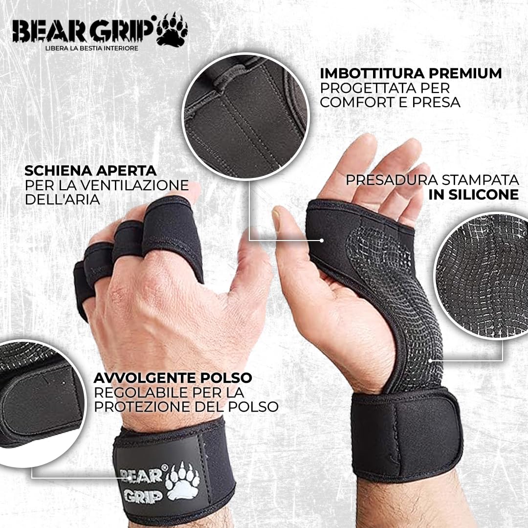 Bear Grip Guanti da allenamento aperti per CrossFit, bodybuilding, sollevamento pesi