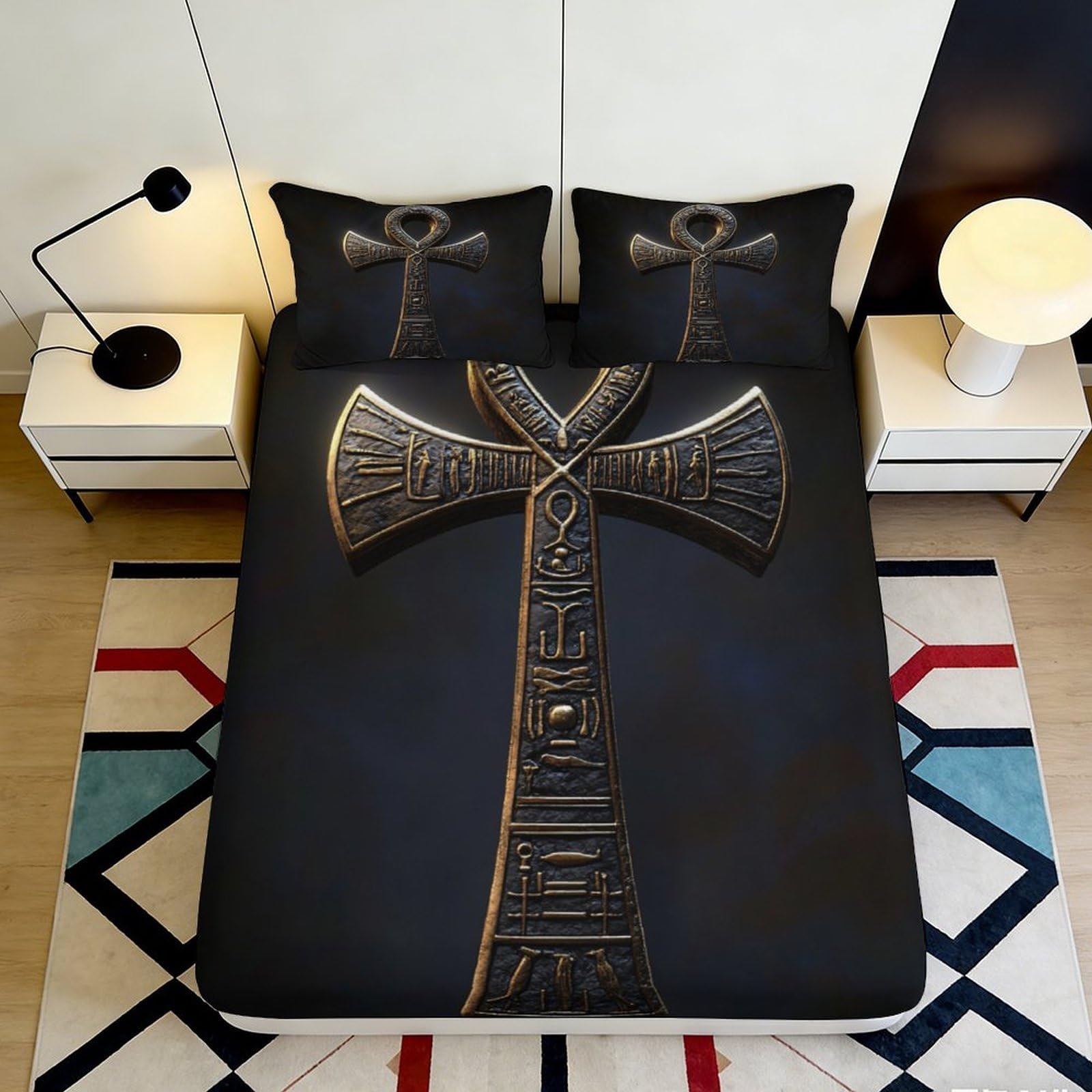 3D Printed Egyptian Ankh Fitted Sheet Microfiber Soft Durable 3D Printed Cross Mattress Cover for Bedroom Dormitory Guest Room Bed Protection 180x200x25cm