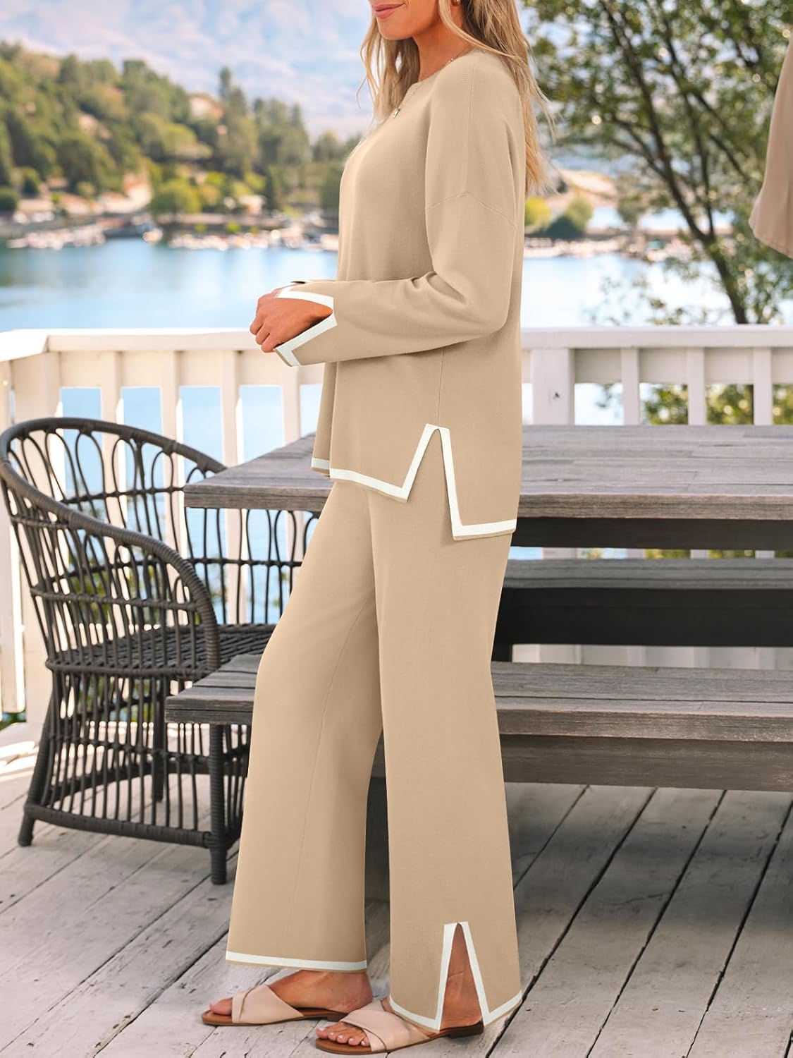 LILLUSORY Women Fall 2 Piece Lounge Set Outfits Sweatsuits Long Sleeve Sweater Tops Wide Leg Pants - Image 3